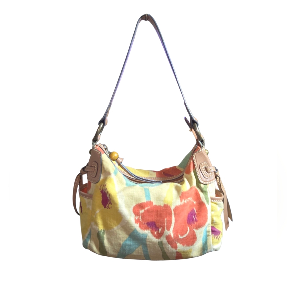 Fossil Multicolored Floral Canvas and Tan Leather Zip Top Shoulder Bag 10"X8"X4"